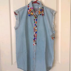 Beaded Denim Top Sz Small